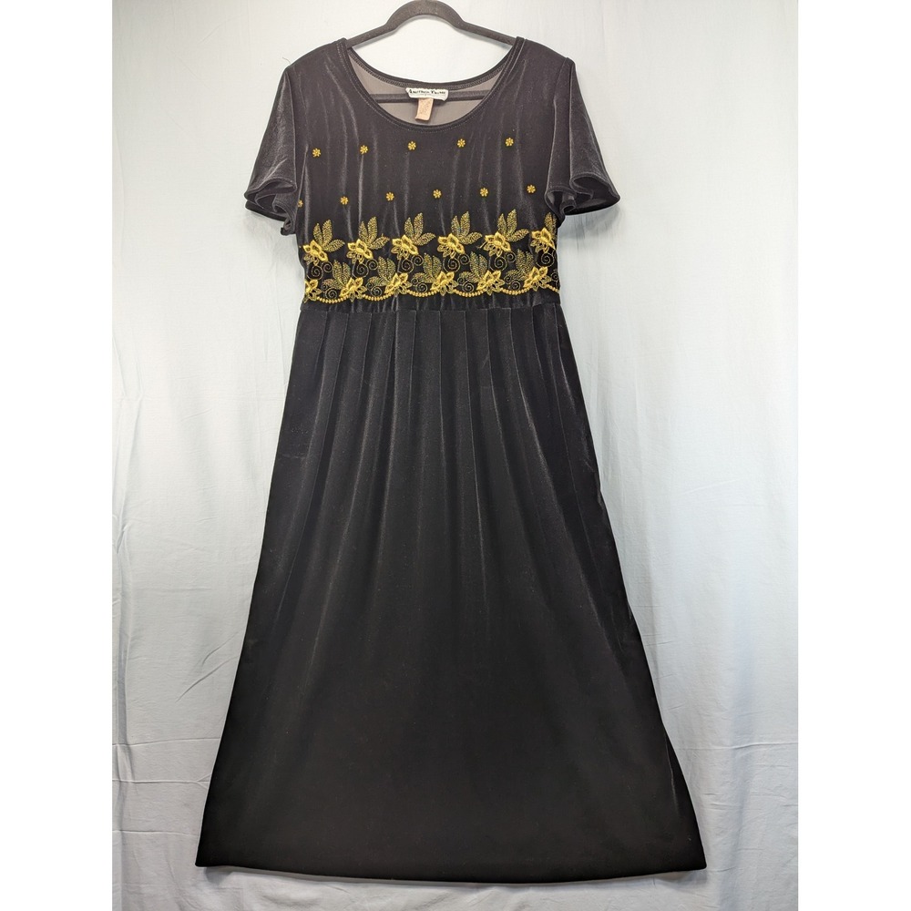 Another Thyme Black Velvet Floral Embroidered Maxi Dress Short Sleeve Tie Waist